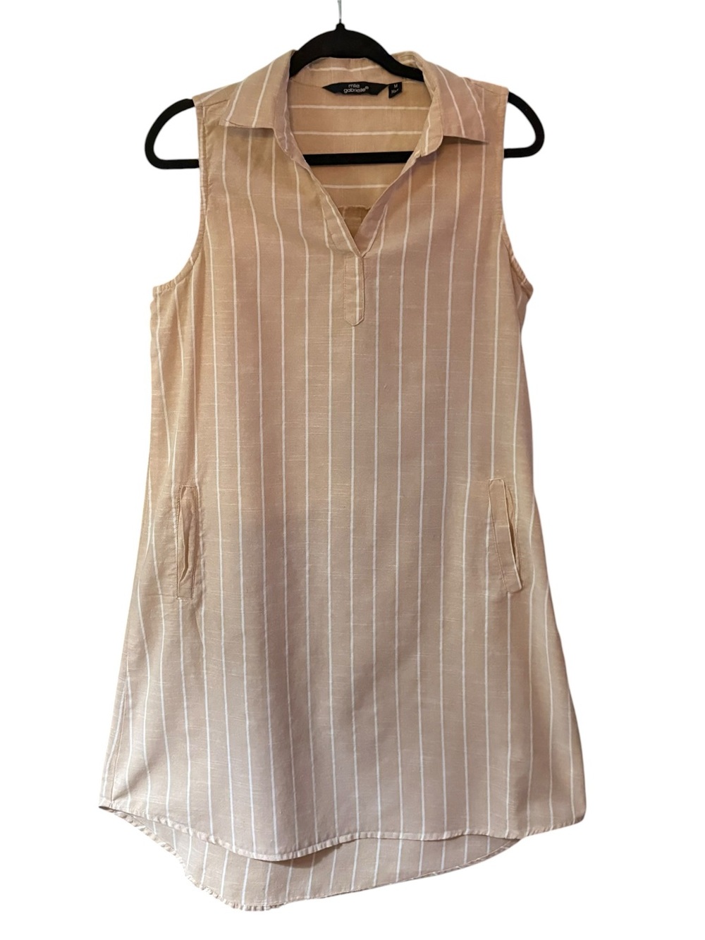 Mlle Gabrielle Beige/White Striped Sleeveless Collared Shift Dress sz M
